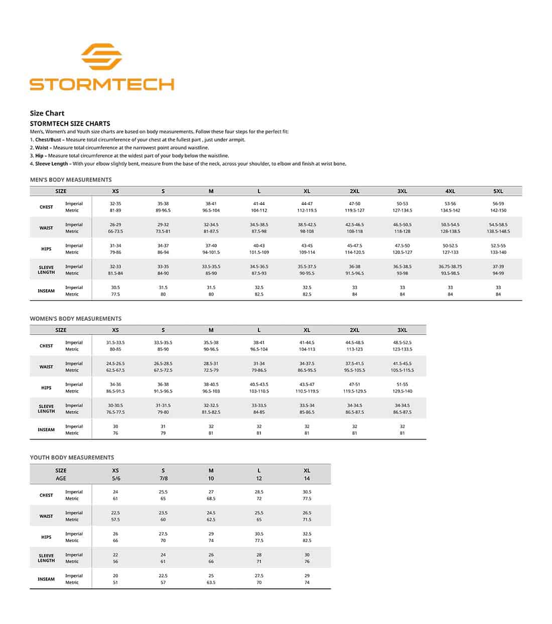 stormtech size chart image