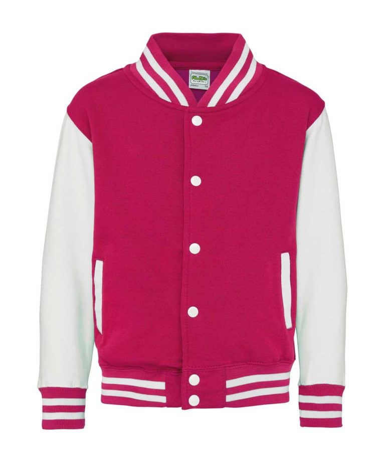 awdis jh043b kids varsity jacket hot pink white