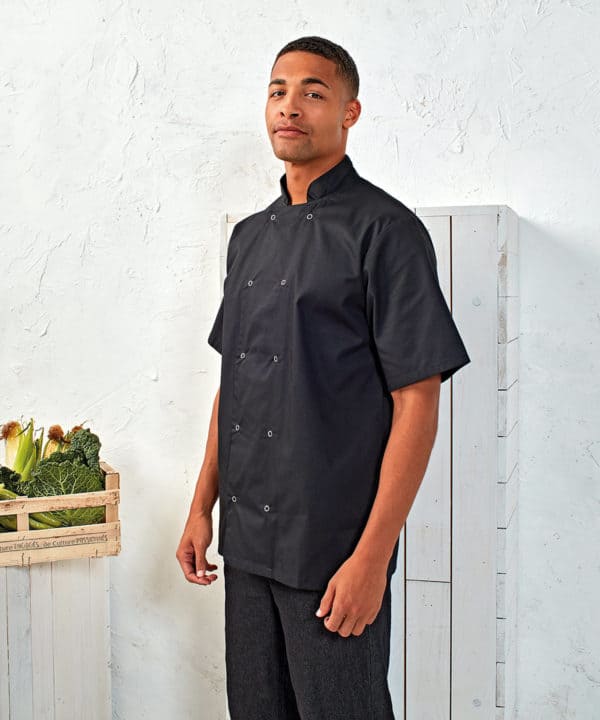premier pr664 short sleeve chefs jacket lifestyle (3)