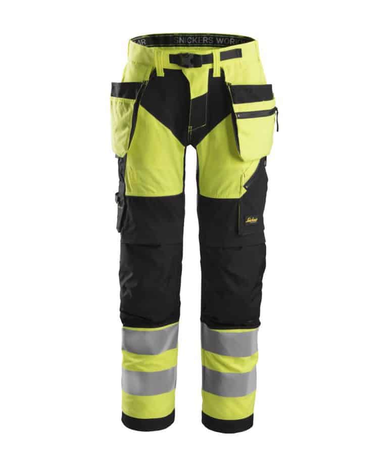 snickers 6932 hi vis holster pockets work trousers class 2 hi vis yellow black